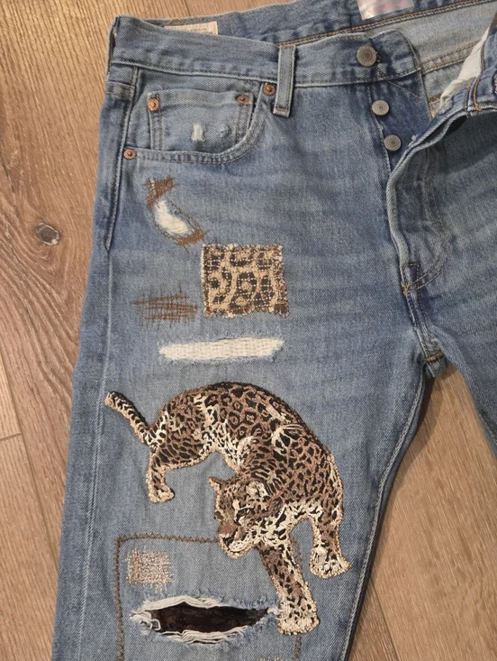 LEVI Button Fly 501 32x34 Upcycled Patchwork Jeans By ThreadsReclaimed - Picture 6 of 16